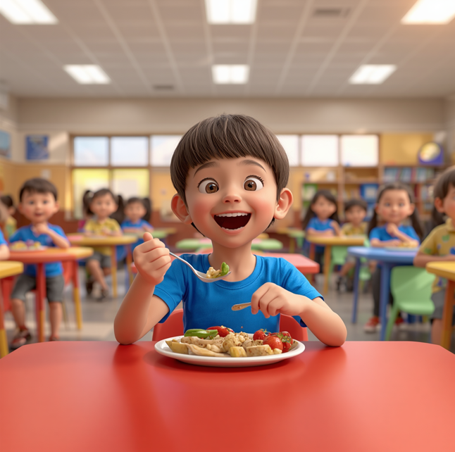 Child in a blue t-shirt, enjoying a dinner in a school hall